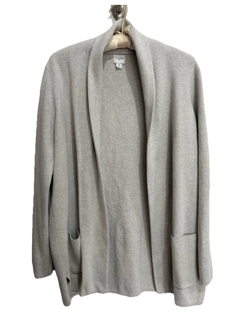 J.Crew 100% Cotton Open Front Cardigan Sweater Gray Shawl Collar, Small Like New